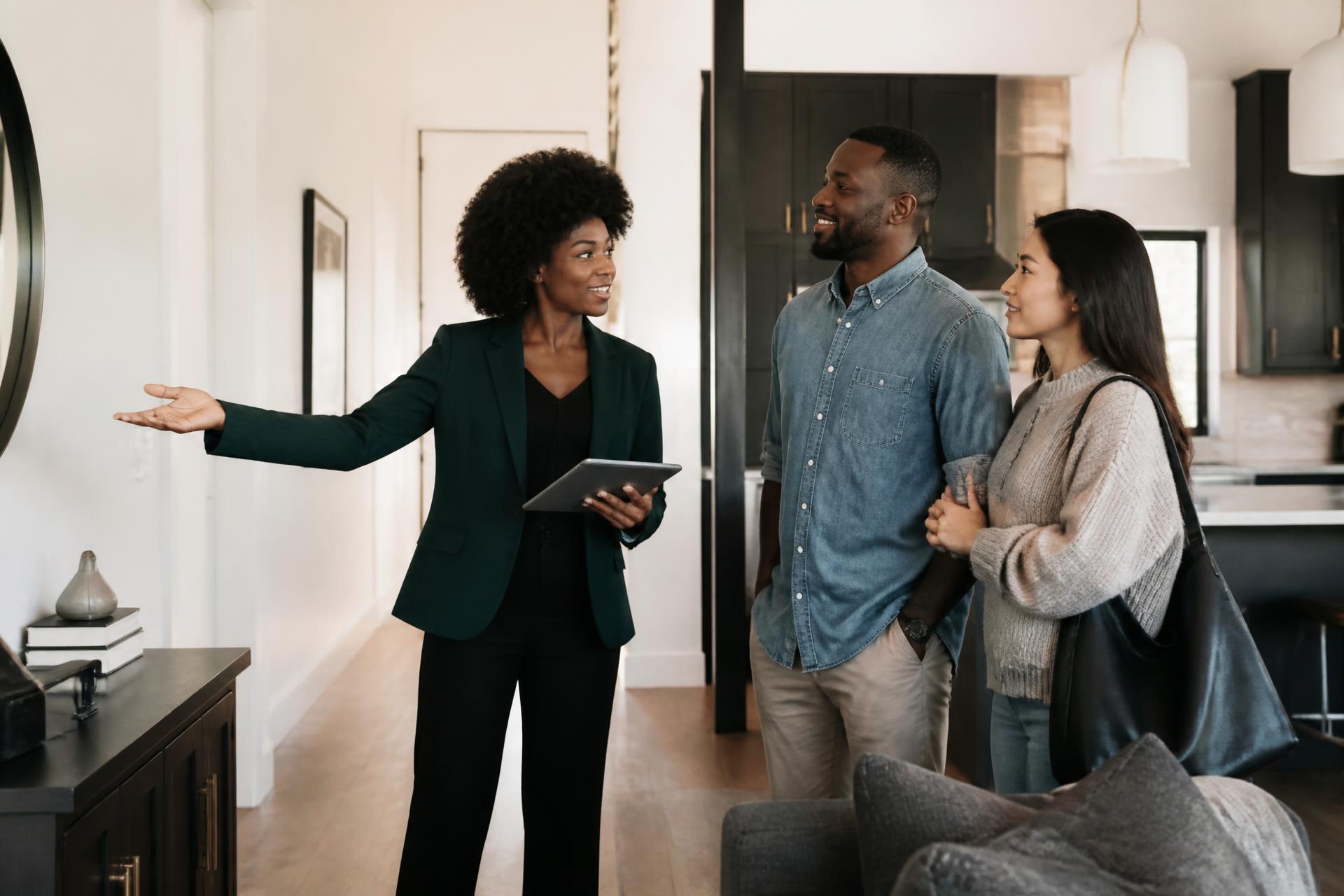 A Black woman REALTOR® showing a bright modern home to a diverse couple